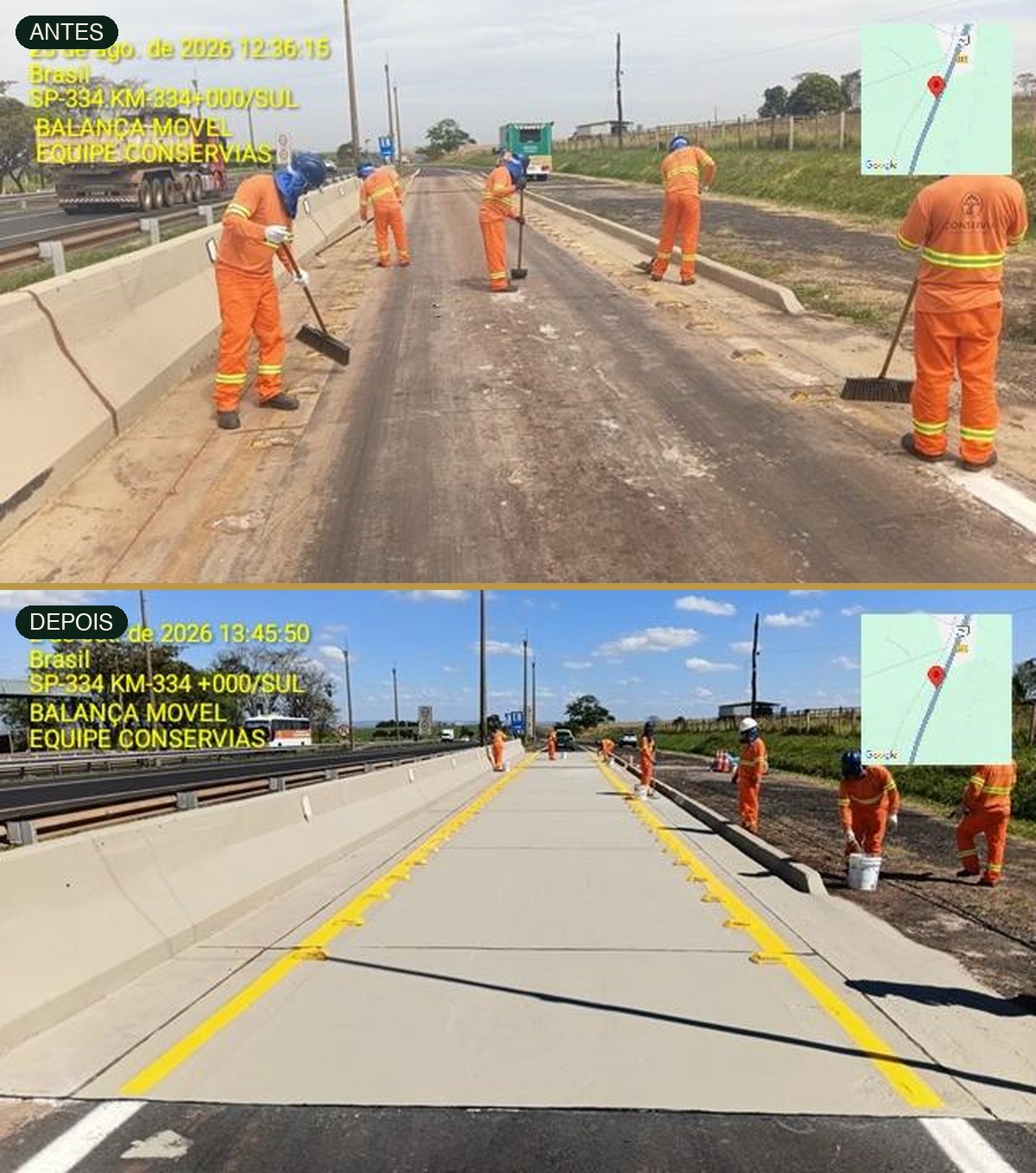 Antes e depois da execução de pavimento rígido, SP-334